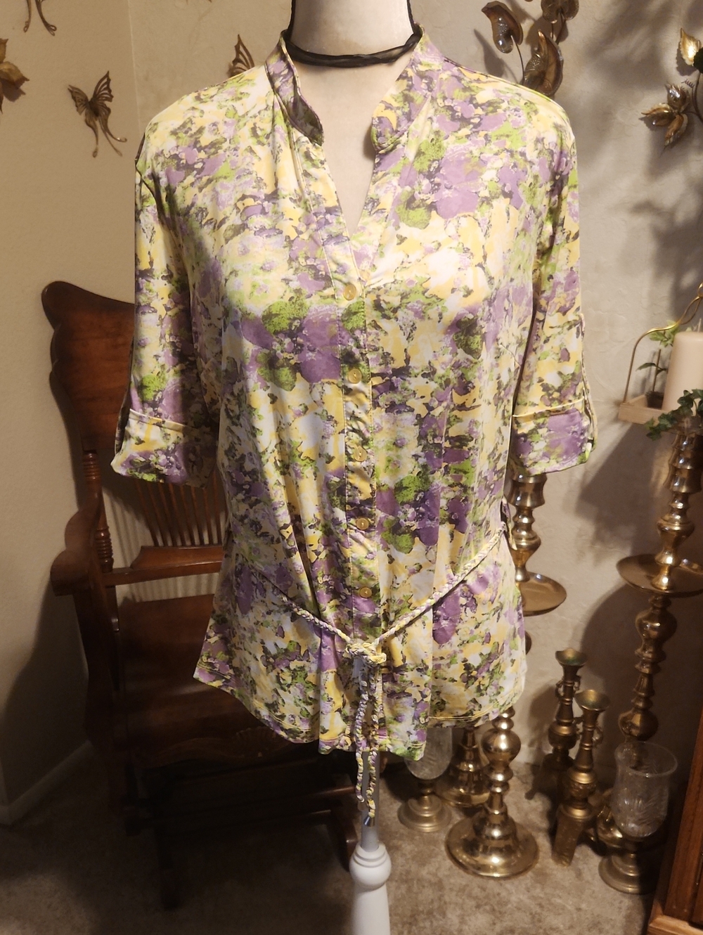 Essentials by Milano Floral Short Sleeve Top in Yellow, Lavender & Green